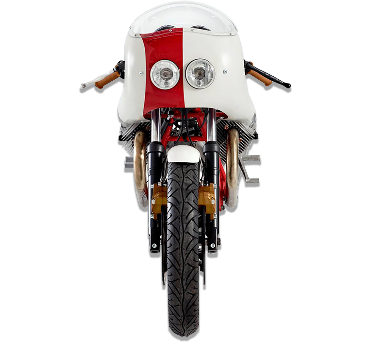 Front view of a red and white custom cafe racer built by Ray Petty Meccanica