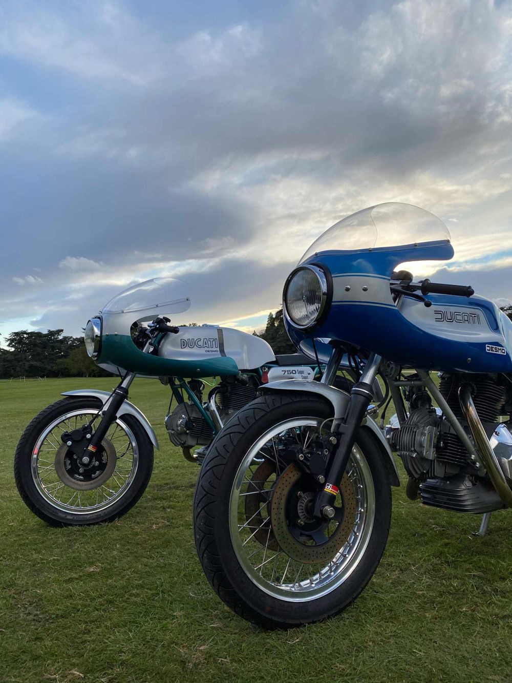 The 1975 Ducati 900SS in silver and blue at Salon Privé