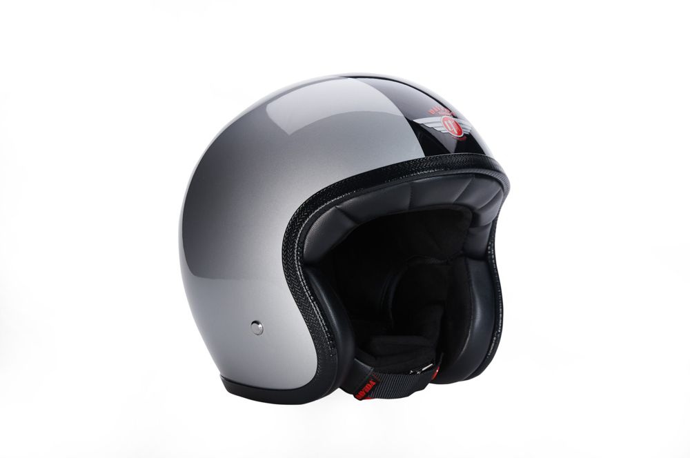 DAViDA Speedster v4 open-face helmet in silver with a black stripe, three-quarter view
