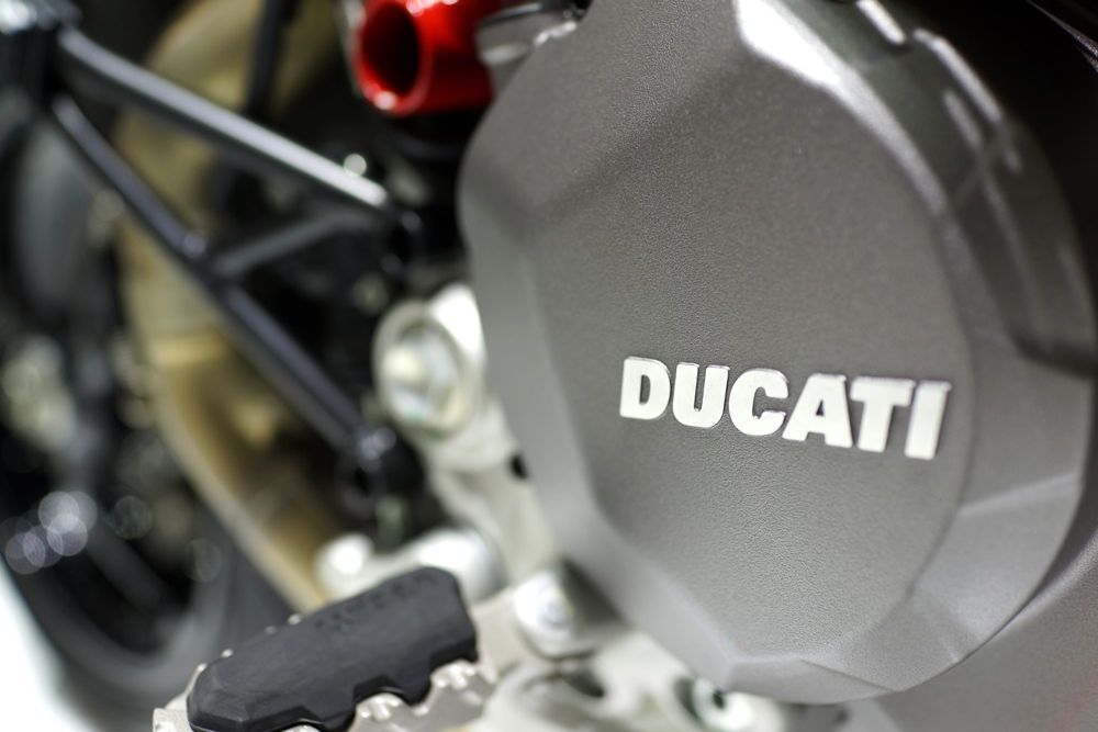Ducati engine cover and footpeg in close-up