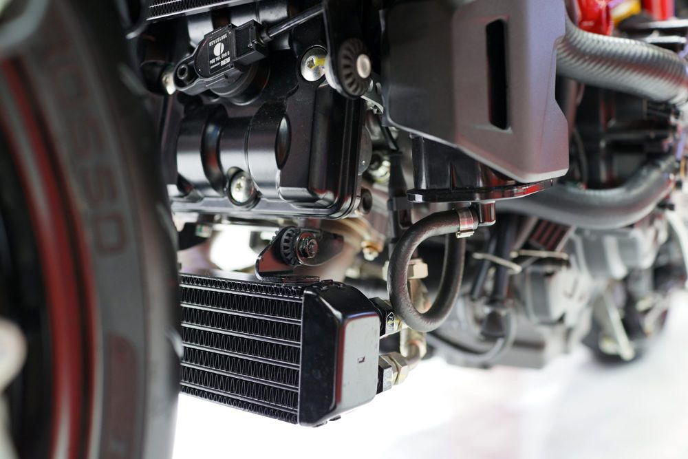 Ducati engine and oil cooler, seen with the bodywork removed