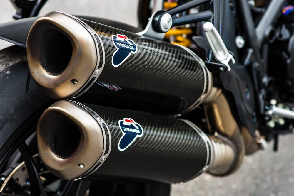 Twin Termignoni carbon fibre silencers on a Ducati