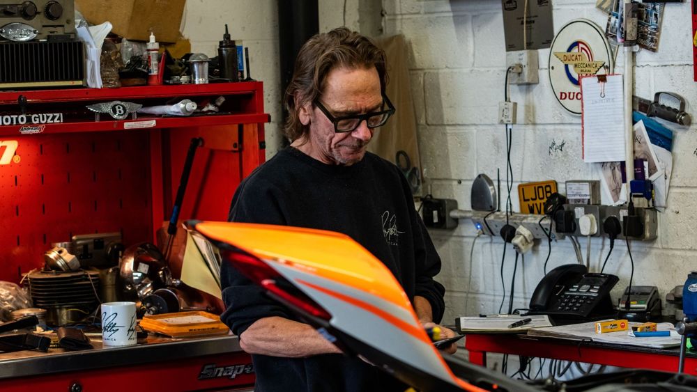 Working at the bench in the Ray Petty Meccanica workshop