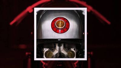 Still from a film of Ray Petty Meccanica's custom builds, showing the tail light of the Up Yours Copper Triumph