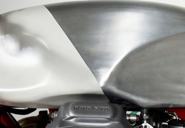 Polished alloy tank above the engine of the Moto Guzzi Airtail