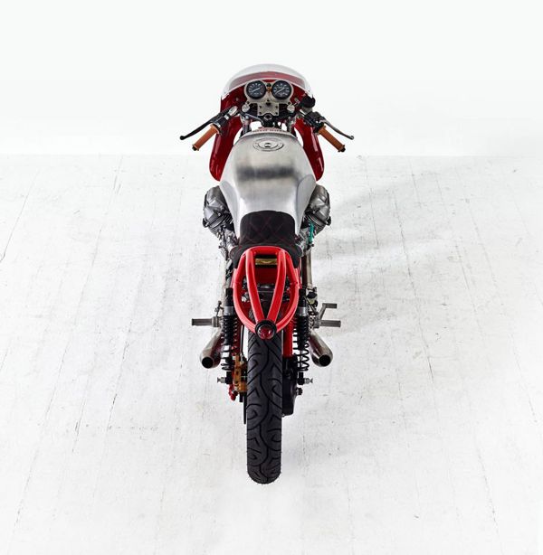 Moto Guzzi Airtail from the front, with clip-on bars and twin clocks