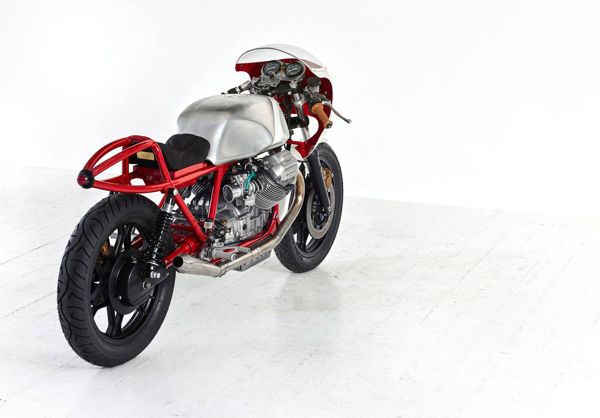 Custom Moto Guzzi Airtail, rear three-quarter view on a white background