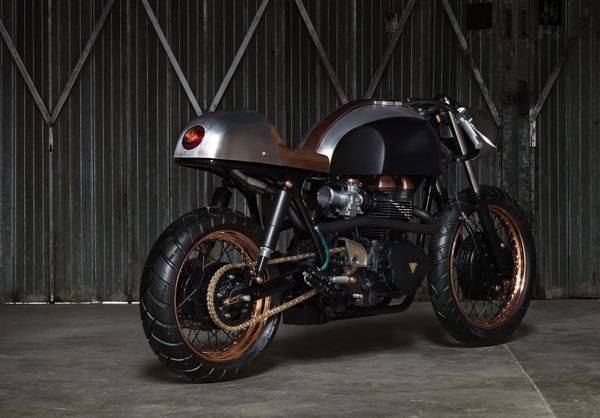 Rear three-quarter view of the Up Yours Copper Triumph