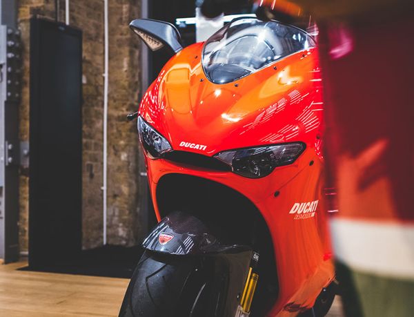 Ducati Desmosedici RR, front three-quarter view in the store