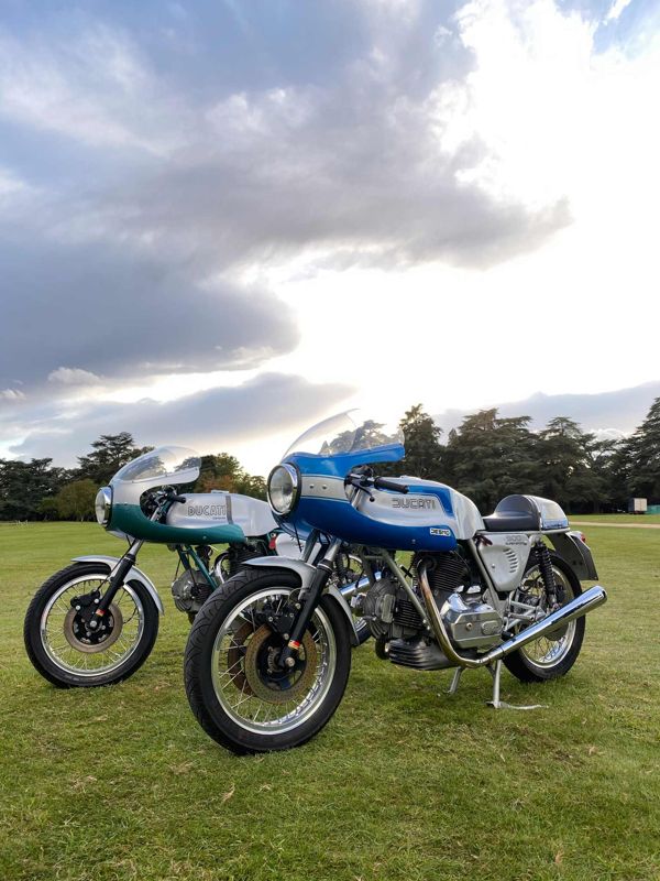 RPM's two Ducatis side by side on the lawn at Salon Privé