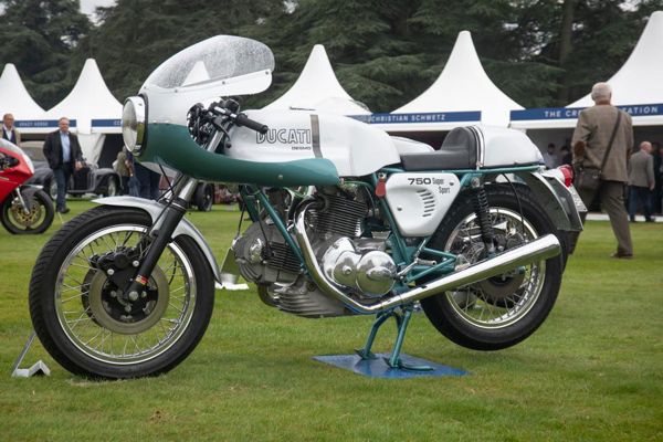 The 1974 Ducati 750SS on its stand at Salon Privé
