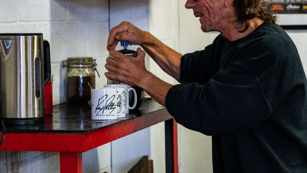Coffee being made in Ray Petty Meccanica mugs