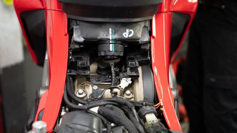 A Ducati opened up under the tank for inspection
