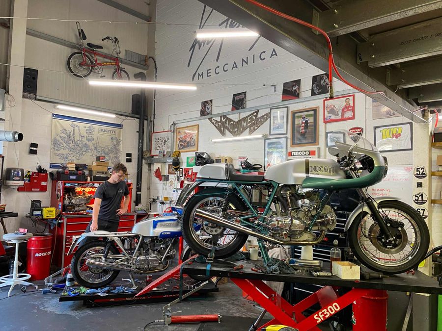 The 750SS and 900SS on the lifts during the final weekend of preparation